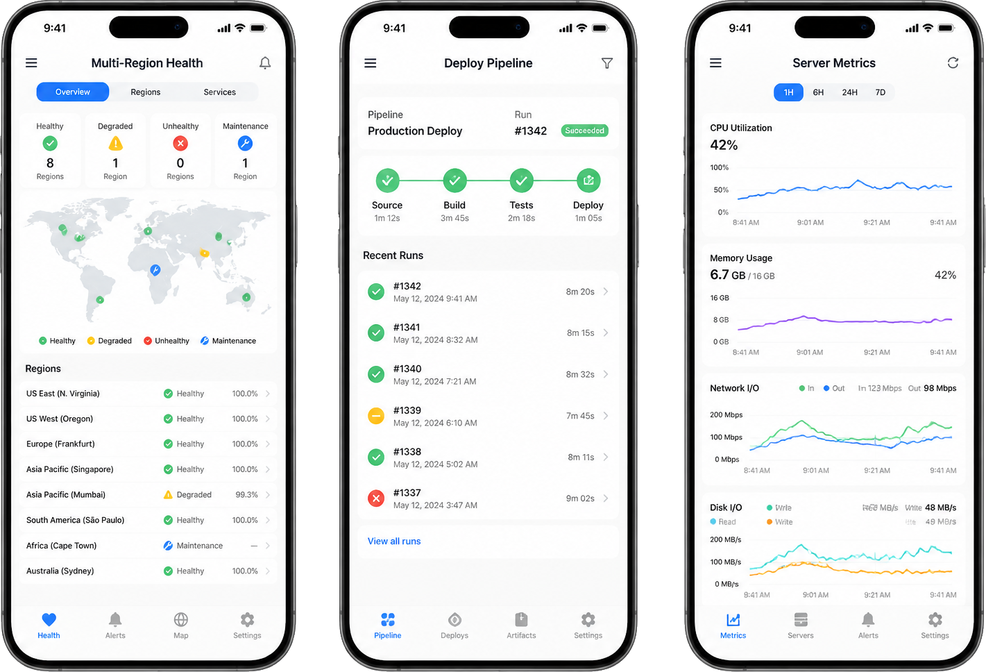 Phone mockups showing cloud infrastructure status and deploy pipeline apps