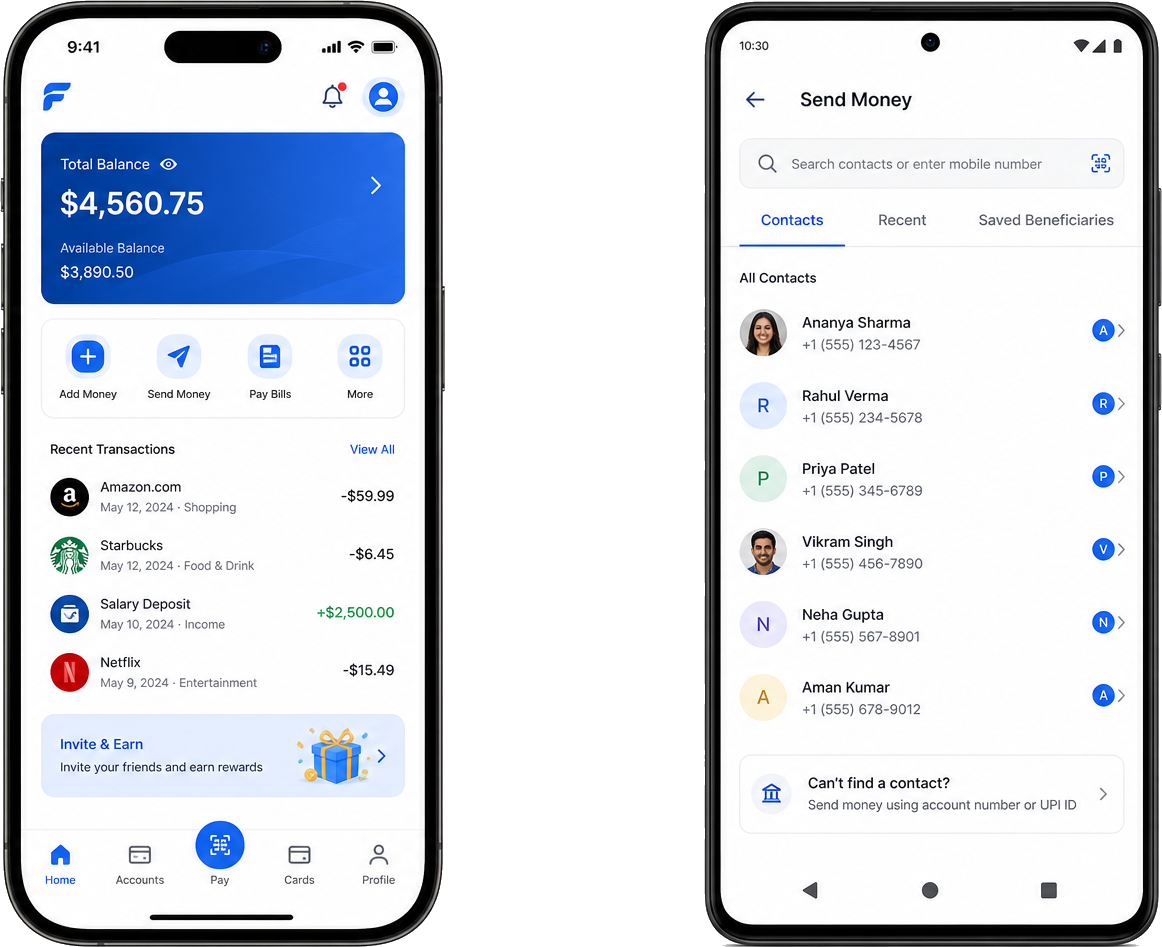 Phone mockups showing cross-platform iOS and Android app case study screens