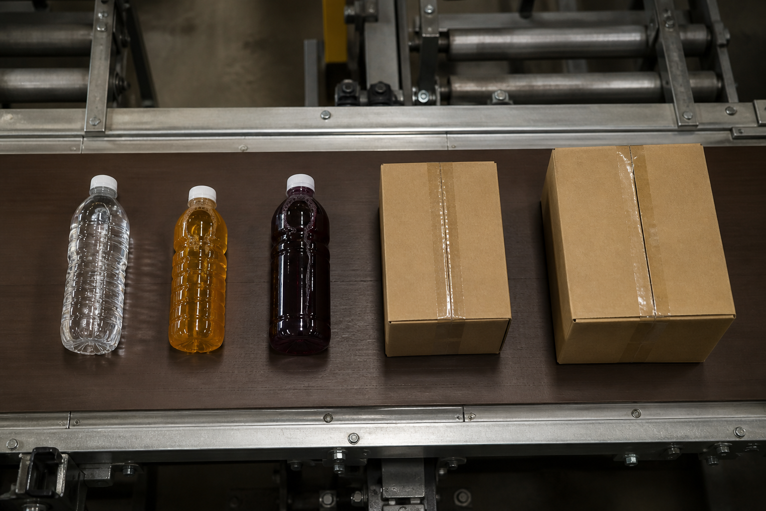 Retail conveyor with detected bottles and boxes