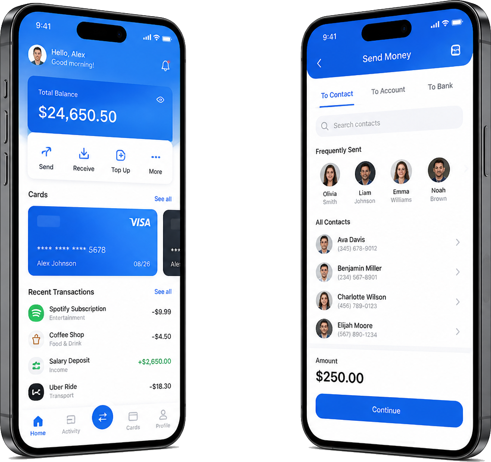 Phone mockups showing Flutter fintech app case study screens