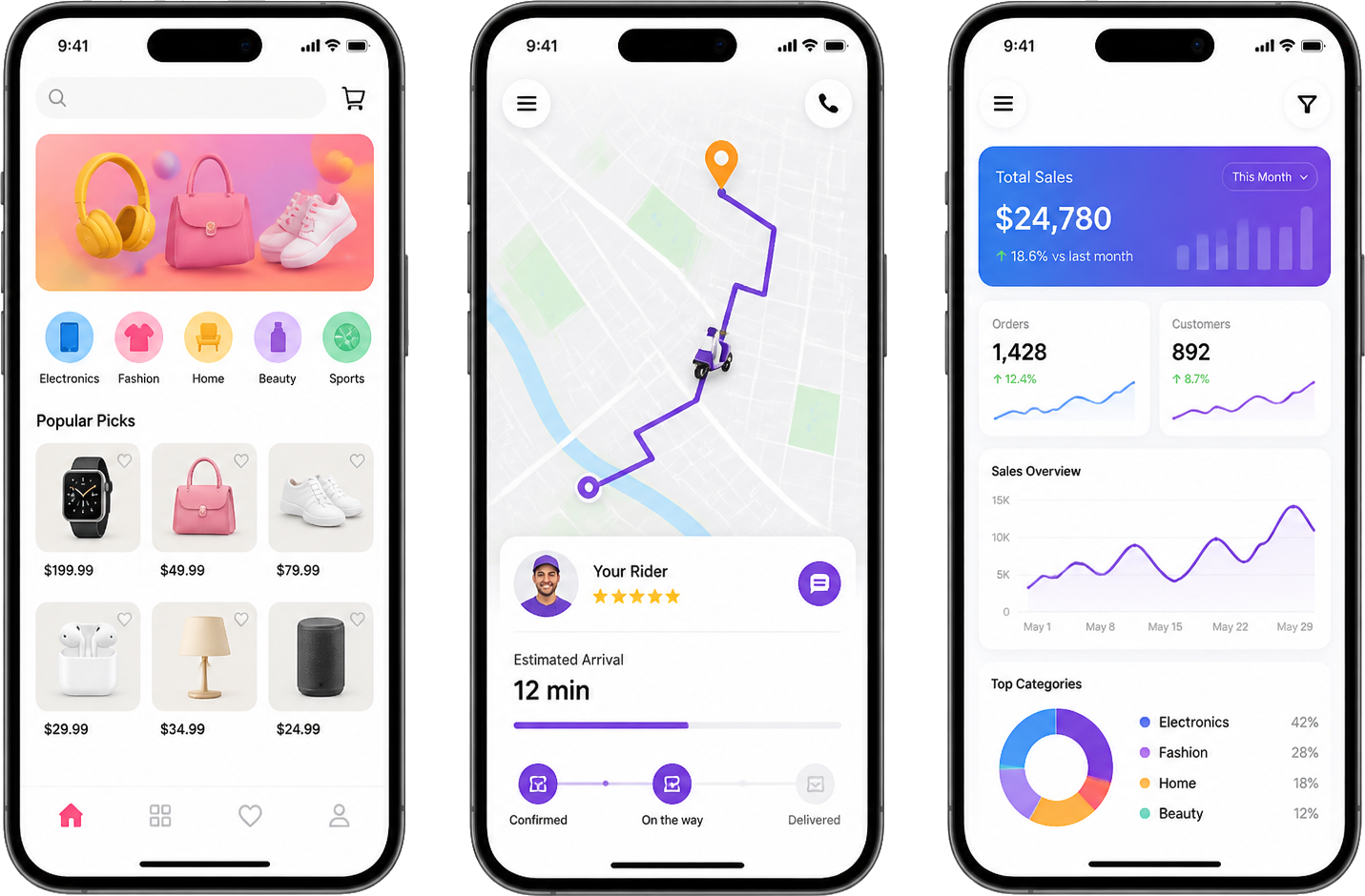 Phone mockups showing Flutter marketplace delivery and analytics case studies