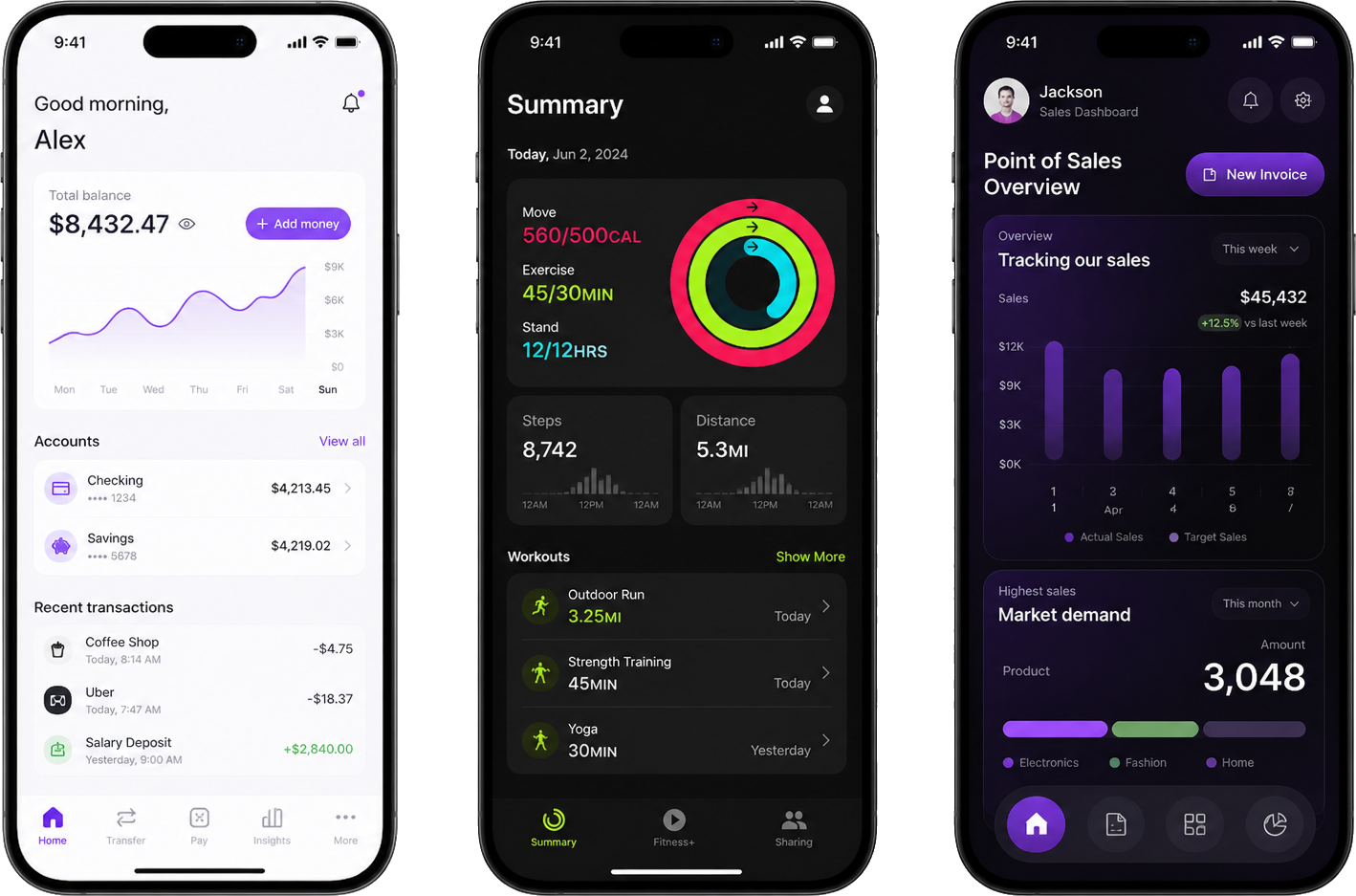 iPhone mockups showing iOS HealthKit fintech and analytics app case study screens