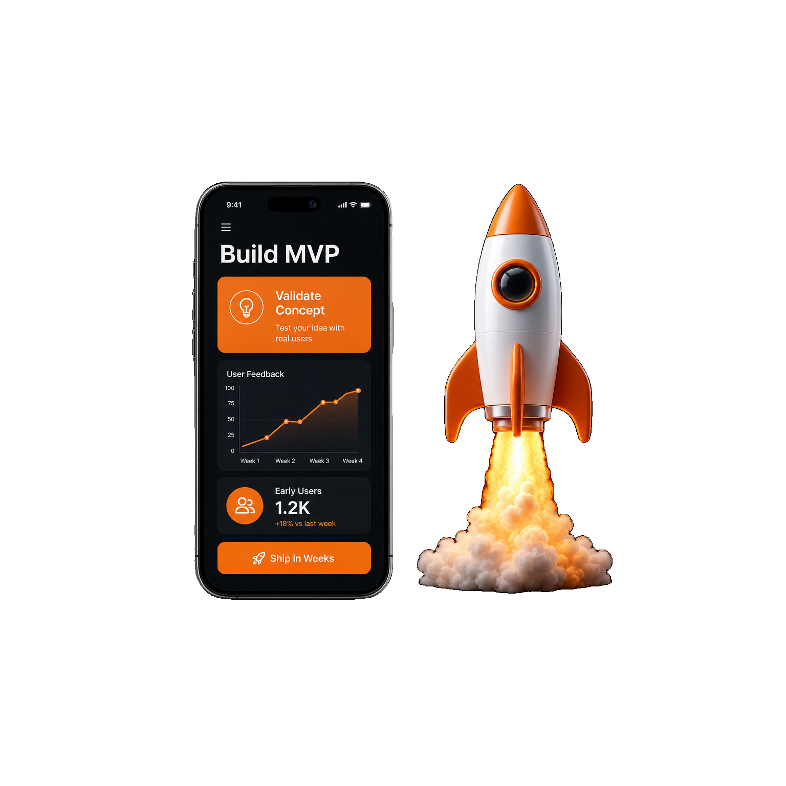 MVP app launch rocket with phone mockup