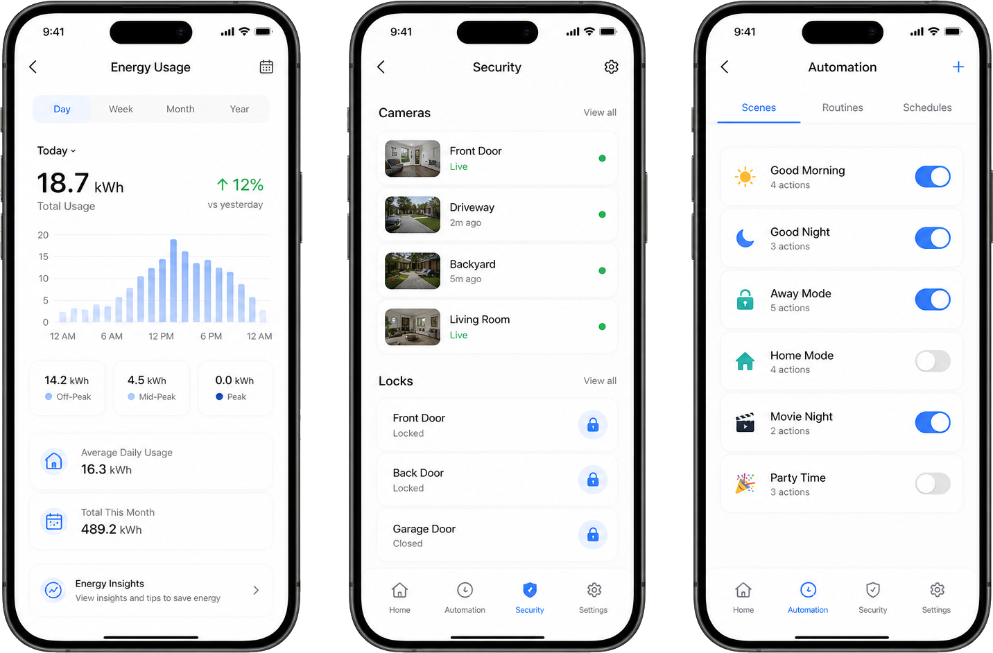 Phone mockups showing IoT energy security and automation app screens