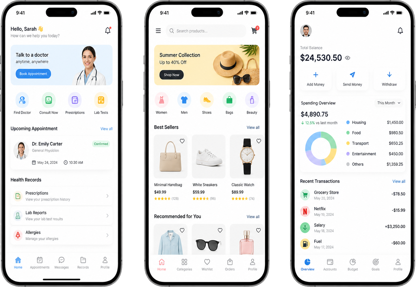 Phone mockups showing React Native healthcare commerce and fintech case studies