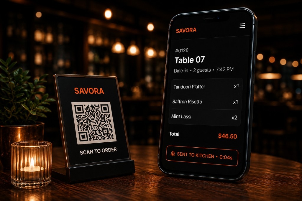Savora QR table stand and mobile order sent to kitchen