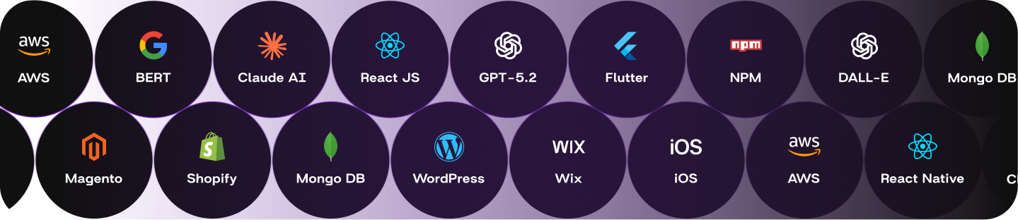 Technology stack logos and tools used for mobile app development