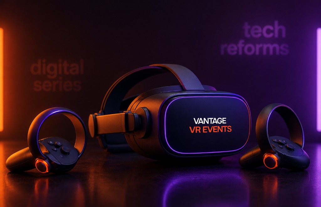 Vantage VR headset and controllers product shot on a dark background