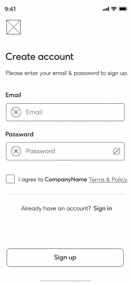 Finexa wireframe — create account